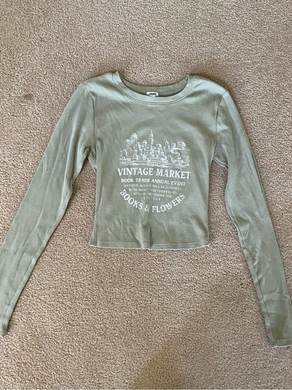 Garage Ribbed Knit Cropped Long Sleeve T-Shirt Green Graphic Print Vintage XS